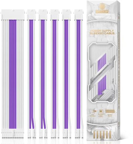 AsiaHorse Aktualisierung 16AWG PC-Netzteil Verlängerungskabel, Sleeved Cable Kit für PC/GPU/CPU, PSU Kabelverlängerung, Extensions Kabel mit Kabelkämmen,24PIN/(6+2) PIN/(4+4) PIN, 30CM, Snow Weiß+Lila