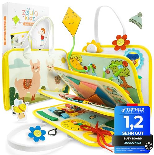 zoula kidz® Busy Board 3 Jahre - Activity Buch mit 8 Seiten - sicheres Montessori Buch für die Autofahrt und Activity Book zur Beschäftigung im Flugzeug & Reisespielzeug aus weichem Filz (Alpaka)