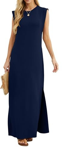 GRECERELLE Womens Summer Maxi Dress Casual Shirt Dresses Elegant Styles Basic Sleeveless Maxi Dresses for Women UK with Split and Pockets (Navy Blue, L)