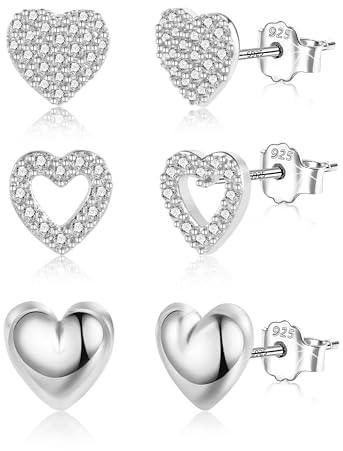 Silber 925 Ohrringe Set Damen, Ohrstecker Kleine 3 Paar Silber 925 Multipack Knorpel Zirkonia Ohrstecker Kleine Herz Ohrringe Damen Kind für Mehrere Ohrlöcher