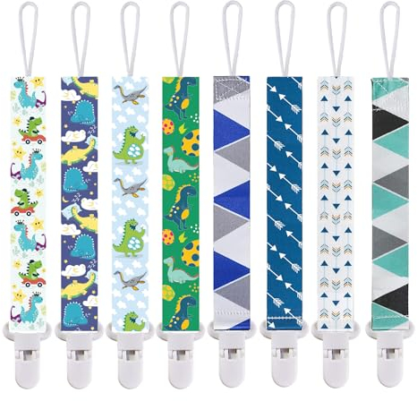 Smlpuame Baby Schnullerkette Junge,8 Stück BPA-Frei Schnullerband Stoff Junge,Schnuller Kette Nuckelkette Passen Die Meisten Schnuller und Beißspielzeug,Dummy Clips für Baby Geschenk(Blau,Dino)