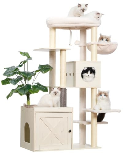 Gitelsnour Cat Tree with Litter Box Enclosure, Large Wooden Cat Tower Cat Condo for Indoor Cats with Play Garden (Leaf, Lawn, Hair Rubbers), Modern Cat House, White GCT110WT