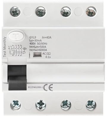 AMEHRU GYL9 AC Disyuntor de Corriente Residual Interruptor diferencial de Seguridad 4P 25A 40A 63A 100A ELCB 30mA 100mA 300mA(4P 25A,30mA)
