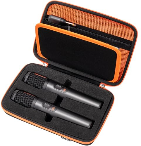 RAIACE Hard Travel Storage Case Compatible JBL Wireless Two Microphone System, Mesh Pocket for Singing or Karaoke for Receivers, Adapters, AA Batteries. (Case Only!) - Black(Orange Lining)