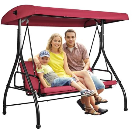 VEVOR 3-Seat Chair, Converting Swing, Outdoor Patio Porch with Adjustable Canopy, Removable Thick Cushion and Alloy Steel Frame, for Balcony, Backyard, Poolside, Burgundy, Wine red, 72in x 47in