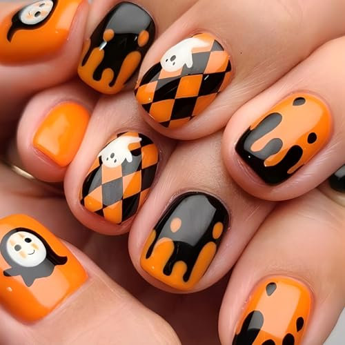 Boloshine 24Pcs Halloween False Nails, Short Cute Ghost Acrylic Fake Nails, Full Cover Glossy Fake Nails Stick on Nails for Women Girls Halloween Cosplay Party