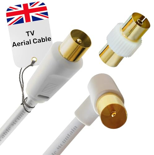 1m TV Aerial Cable - Right Angled Plug with Adapter - Male To Male Gold Plated RF Tv Cable - Antenna AV Lead for Freeview, Freesat, Tv Antenna Extension - White