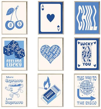 Blaues Glücksposter-Set, 9 blaue und weiße trendige Wandkunst, Retro-Pokerraum-Dekor, ästhetische Bilder, flippige Kunstdrucke, Pokerbilder, Ass der Königin, Wanddekoration für Schlafzimmer, Wohnheim,