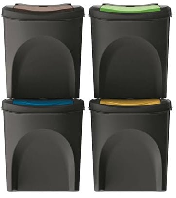 WELL HOME - Set 4 cubos de basura 100% plástico reciclado, negro, 4x 25L