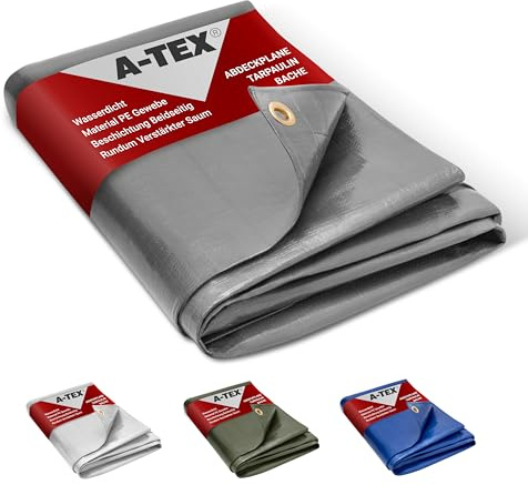 A-TEX® Abdeckplane 260g/m² (Grau, 8 x 12 m) | Verschiedene Stärken, Größen und Farben wählbar | Plane mit Ösen | Gewebeplane Gartenplane BAU Zelt Holzplane | Wasserdicht | Reißfest | UV-stabilisiert