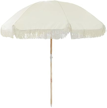 Sombrilla blanca de playa para exteriores con borla, botón de madera, inclinación, para jardín, piscina, césped, protección UV y resistente al viento