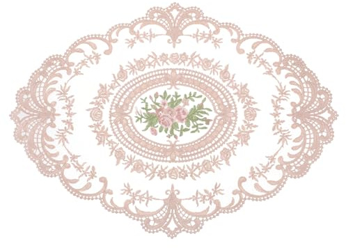 QUARKZMAN Retro Spitzen Tischset Spitzendeckchen 31x42 cm Ovale Bestickte Tischsets Französische Häkeldeckchen Untersetzer Tassenmatte für Zuhause Hochzeit, Altrosa