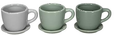 finehomegarden Pflanztasse Dolomit 3Fb. sort. grün/grau Tasse Pflanztopf mit Unterteller Keramik Ø10x8cm