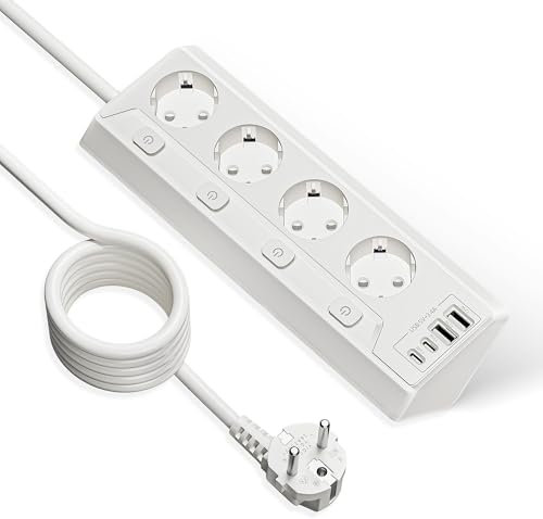 Vipwell Prise Plan de Travail Cuisine, Multiprises avec 2 Ports USB A et 2 Ports USB C, Multiprise 4 Prises avec Interrupteur, Rallonge Électrique 2m pour Meuble, Canapé, Bureau, Table