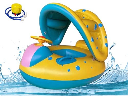NMM Baby Schwimmring mit abnehmbarem sonnendach, Baby Schwimmhilfe mit Sonnenschutz, Schwimmring mit Fußpumpe, Lenkrad, Hupe, Swimming Float für ab 3-36 Monate