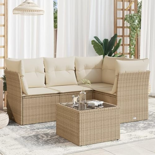 IKAYAA 5-TLG Rattan Gartenmöbel Set, Balkon Lounge, Outdoor Loungemöbel Rattan Sitzlounge Ecklounge Ecksofa Gartensofa Balkonsofa Beige und Creme Type-45