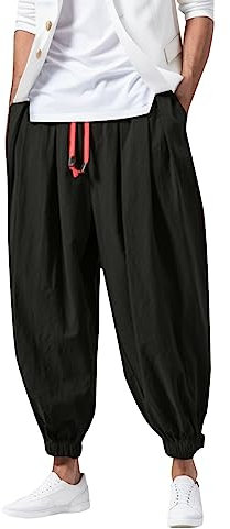 Pantaloni da tempo libero da uomo, in cotone, lino, pantaloni aladdin, larghi, retrò, estivi, giapponesi, tinta unita, con lacci, casual, per yoga, ga, danza, spiaggia, pilates, Sarouel, Nero , L