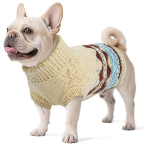 Hjumarayan Hundepullover Mittelgroße Hunde - Fair Isle Pullover Hund mit Geschirr Öffnung, Weihnachtspullover Elastisch Hundepulli Winter Sweater für Französische Bulldogge, Beige L