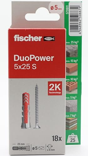 fischer - Duopower 5 x 25 con vite - 18U, tasselli da parete multimateriale, servono per appendere biciclette, quadri, armadi, supporti TV, scaffali, mobili.