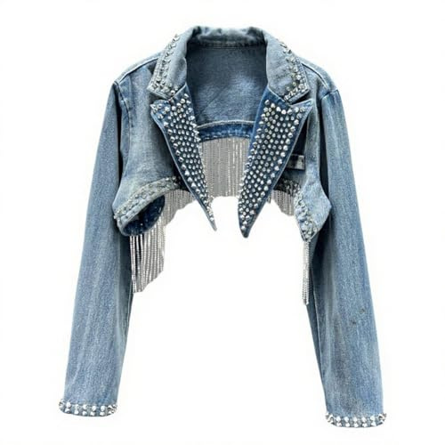 HGKPFGTG Kurze Jeansjacke für Damen Trendiger Langarm-Jeansmantel mit Strasssteinen und Nieten Blauer Jeans-Bolero mit Fransen