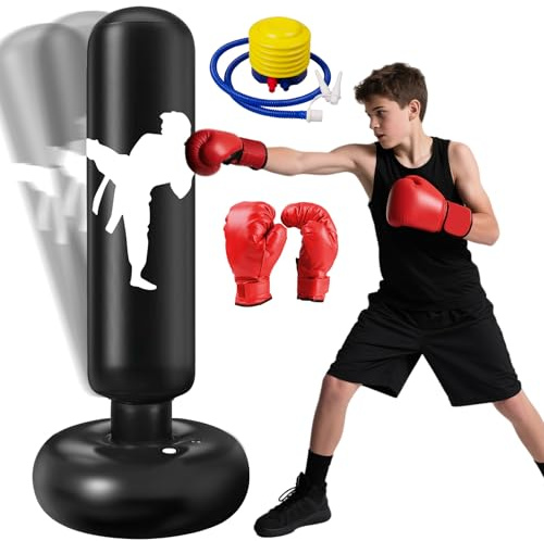 Ninonly 160cm Saco de Boxeo Niños Con Guantes de Boxeo y Bomba | Punching Ball Inflable Giratorio 360°, para Practicar Karate y Taekwondo, Idea de Regalo para Niños y Niñas 3+ Años