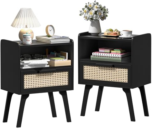 LELELINKY Nachttisch 2er Set Rattan, Boho Beistelltisch aus Holz | Beine aus Massivholz, Schublade mit Rattan-Geflecht & offenes Regal, Kompakter Nachttisch für Schlafzimmer und Wohnzimmer