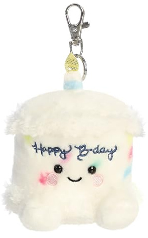 AURORA, 34147, Palm Pals Happy B’day Cake Clip-On, 10cm, Soft Toy, White