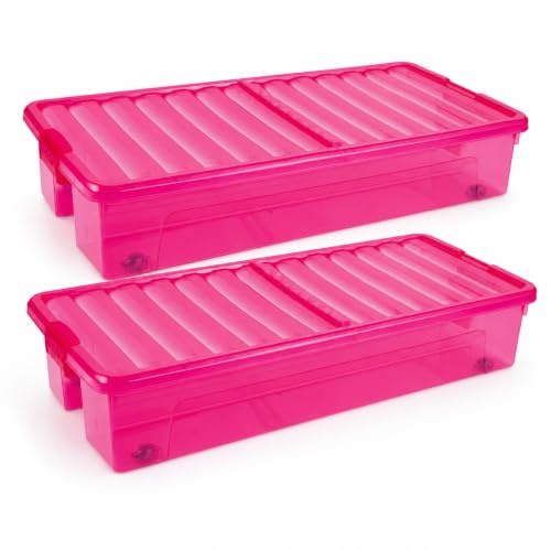 Muddy Hands Pack of 2-35 Litre Under Bed Storage Boxes with Wheels - Clear Plastic Storage Containers with Clip Locking Folding Lids - Stackable Organisers for Clothes, Bedding & Toys (Pink)