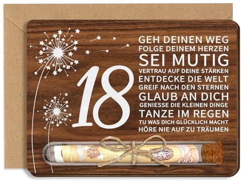 Geburtstagskarte 18. Geburtstag Junge, 18 Geburtstag Mädchen Geldgeschenke | Holz Geburtstagskarte mit Umschlag und Reagenzglas, Geldgeschenk Idee mit Löwenzahn-Design, kreative Geburtstagsgeschenke
