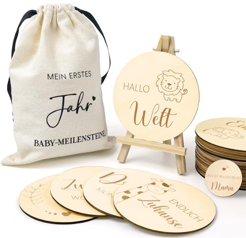 30 Meilensteinkarten Baby Holz, Geschenk Baby Erstausstattung Neugeborene | Meilensteine auf Holzscheiben, Werdende Eltern, mit Präsentationsständer Stofftasche - MEIN ERSTES JAHR BABY-MEILENSTEINE