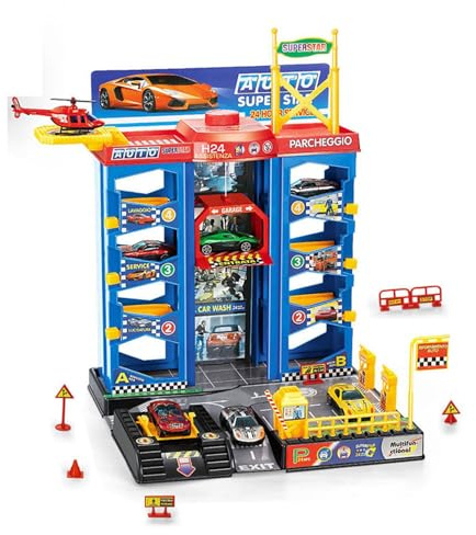 Parking à plusieurs étages pour enfants avec ascenseur avec 3 voitures en métal et hélicoptère – Parking jouet avec station-service, station de lavage, atelier et panneaux de signalisation