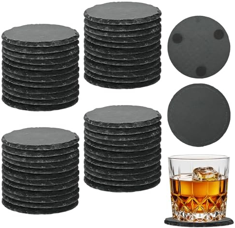 Schiefer Untersetzer 48 Stück, 10x10 cm Schwarz Steinuntersetzer Set Schieferplatte Glasuntersetzer mit Kratzfester Unterseite für Kaffee, Bar, Küche, Heimdekoration, Rund