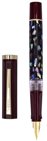 XIAOYU Retro Jinhao 58 Fountain Pen, Unique Sea Shell Inlay Design, Gold Trim with Ink Converter, Iridium Extra Fine Nib(0.38mm), Dark Red(Black Shell)