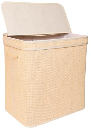 Relaxdays Wäschekorb mit Deckel, Bambus, 130 l, 2 Innenfächer, HxBxT: 61 x 58 x 39 cm, Badezimmer Wäschetruhe, Natur