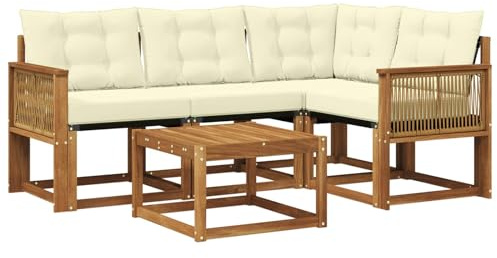 vidaXL Outdoor-Sofagarnitur mit Kissen 5 pcs Natur und Creme, Garten-Sofa, Moderne Außenmöbel, langlebige Sitzgruppe, Bequeme Lounge, Akazien-Sitze, Entspannung im Garten