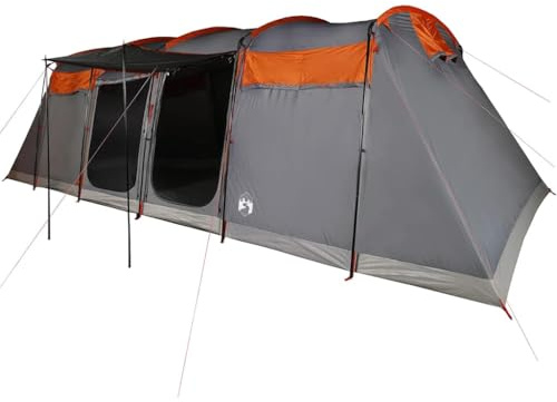 Tente familiale tunnel pour 8 personnes, gris/orange, imperméable, coupe-vent, avec revêtement PU, barres en fibre de verre, raccord électrique, parois en maille et poteaux de toit pare-soleil