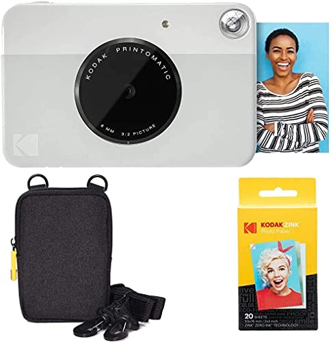 KODAK Printomatic Sofortbildkamera (Grau) Basis-Paket + Zinkpapier (20 Blätter) Etui + Bequemer Halsriemen