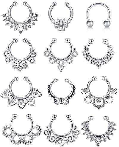 Mayhoop Faux Piercing nez septum Acier Chirurgical avec Clair CZ Faux Piercing de lèvre Oreille nez septum Anneau non Piercing pour Femmes Hommes, Métal