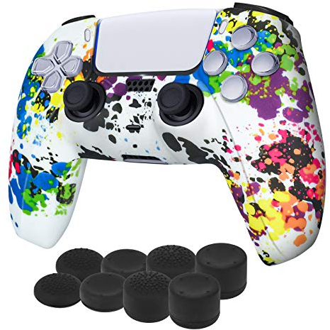 Newseego PS5 Controller-Schutzhülle,Graffiti Splashing Skin Case-Hülle,Silicon Soft Case Skin Shell Anti-Rutsch-Schutzhülle mit FPS PRO Daumengriffen x 8 für Playstation 5 Wireless Controller,White A