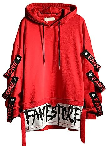 Hello MrLin Herren Techwear Japanischer Harajuku Kapuzenpullover Hip Hop Streetwear Urban Hoodie, Rot, XXL