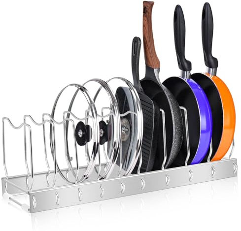 JORETLE Pot Lid Organizer, Pot and Pan Lid Holder Kitchen Pot Lid Rack, Best Organization Tool Suitable for Baking Pan, Cutting Board, Trays (1 PCS, 4 Silicone Foot Covers)