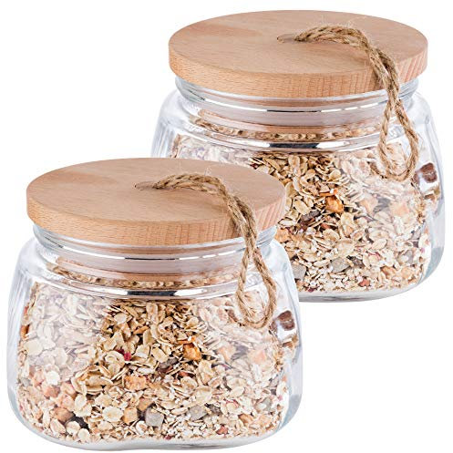 APS Vorratsglas „Woody“ 2er-Set - Hochwertiges Glasbehältnis mit Deckel aus Holz – Durch die Silikondichtung bleibt das Aroma des Inhaltes länger vorhanden – 1 Liter, Aufbewahrungsbehälter