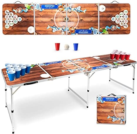 Stagecaptain Beer Pong Tisch “Bavaria” - Stabiler Klapptisch aus Alu - Melamin-beschichtete MDF-Platte (5 mm) - Inklusive 90 Becher und 6 Bälle - Schnell aufgebaut und kompakt beim Transport