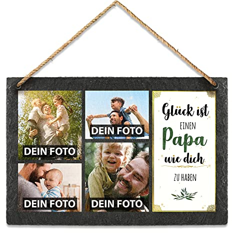 PR Print Royal Schieferplatte selbst gestalten - mit 4 Fotos bedrucken - Glück ist einen Papa wie dich zu haben - Geschenk Vatertag, Geburtstag, Weihnachten, Schiefertafel zum Aufhängen, 20 x 30 cm