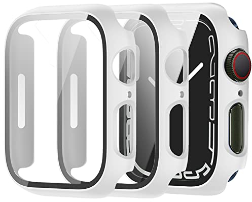 Miimall 2 Stücke Hülle Kompatibel mit Apple Watch Series 9/8/7 45mm 41mm Glas Displayschutz, Ultradünne PC Schutzhülle Vollschutz Kratzfest Glas Schutzfolie Schutz Hülle für iWatch 45mm - Weiß