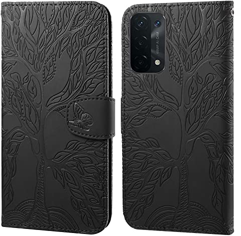 Ailisi Handyhülle für Oppo A54 5G/Oppo A74 5G, Baum Muster Klapphülle Leder Handy Tasche Etui Wallet Flip Case Schutz Hülle Brieftasche mit TPU innen Schale, Kartenfächer, Aufstellfunktion -Schwarz