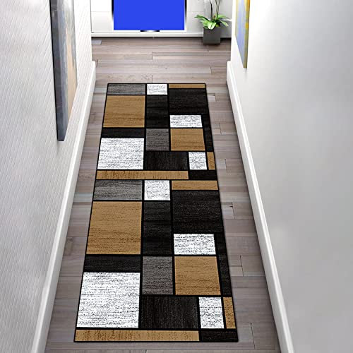 Teppich Läufer Flur rutschfest 90×250cm Küchenteppich Patchwork Grau Braun Waschbar Meterware Schlafzimmer Wohnzimmer Korridor Teppichläufer Lang, 60cm/ 80cm/ 100cm/ 120cm, Teppich Meterware