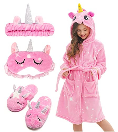 Piefry Bambina Accappatoio Morbido Unicorno Vestaglie con Cappuccio per Bambine con Unicorno Pantofole, Benda e Fascia - Regali per Ragazze (Stelle Rosa, 8-9 anni)