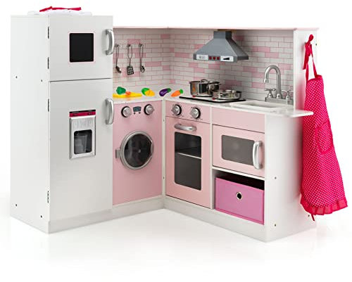 DREAMADE Cuisine Enfant de 3+ Ans, avec Micro-Ondes, Cuisinière, Téléphone, Cuisine en Bois avec 5 Accessoires, Équipé Sonore et Lumineuse (Blanc + Rose)