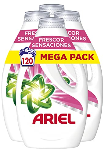 Ariel Detergente Lavadora Liquido, 120 Lavados, Jabon Frescor Sensaciones, Limpieza Mejorada en Ciclos Mas Frios con la Exclusiva Tecnologia de limpieza en Frio, 30 Lavados (Paquete de 4)
